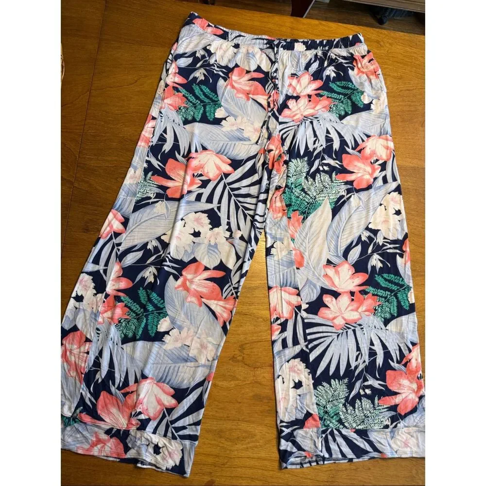 Tommy Bahama Womens Tropical Button-Up Top and Wide-Leg Pajama Set Navy Coral XL